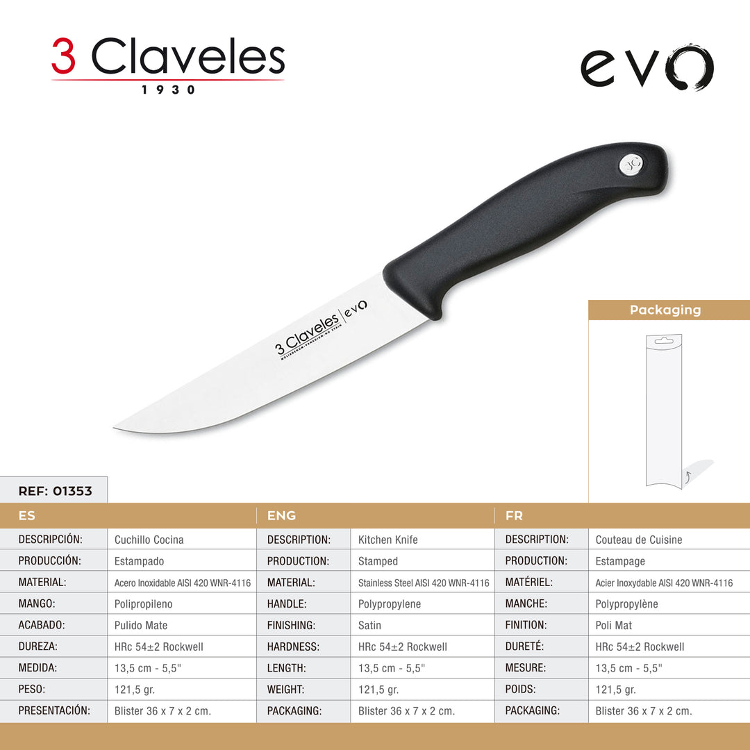 3 Claveles EVO - Cuchillo de Cocina 13.5 cm Acero Inoxidable Mango Polipropileno