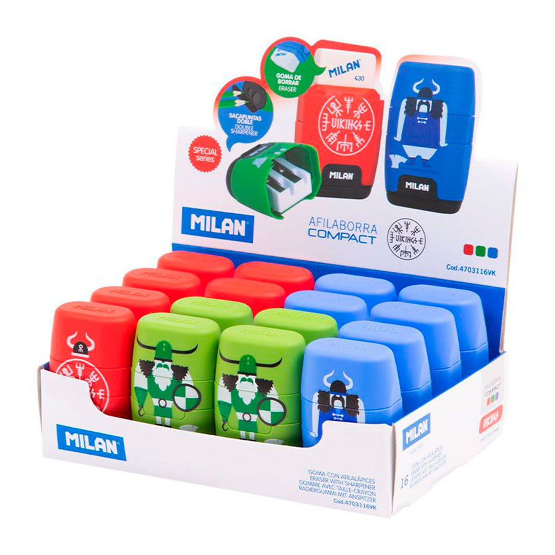 MILAN Vikings - Afilaborra Compact. Combinación de Goma y Sacapuntas Doble Rojo