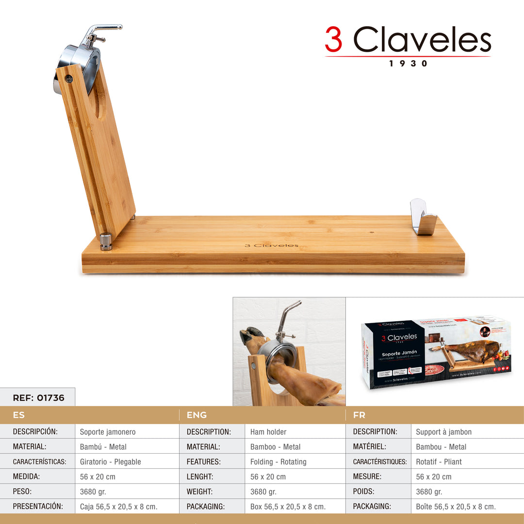 3 Claveles 01736 - Soporte Jamonero Plegable en Madera de Bambú con Cabezal Giratorio