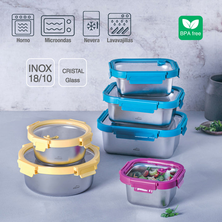 LACOR Etern - Lote de 3 Recipientes Rectangulares de 0.5L, 0.8L y 1.2L en Acero y Cristal Apto Microondas