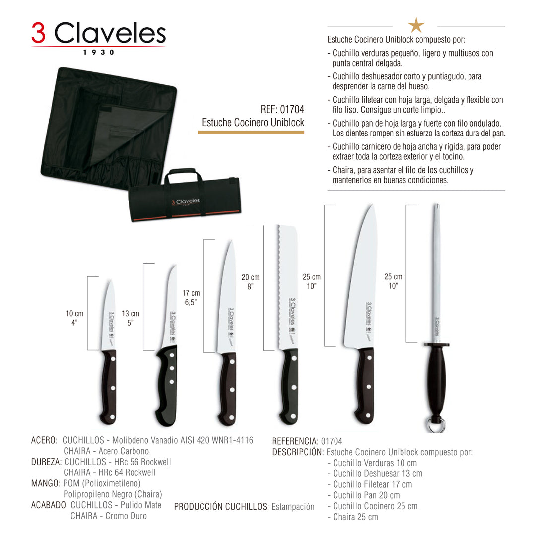 3 Claveles Uniblock - Estuche Profesional Cocinero con 5 Cuchillos y Chaira Incluidos