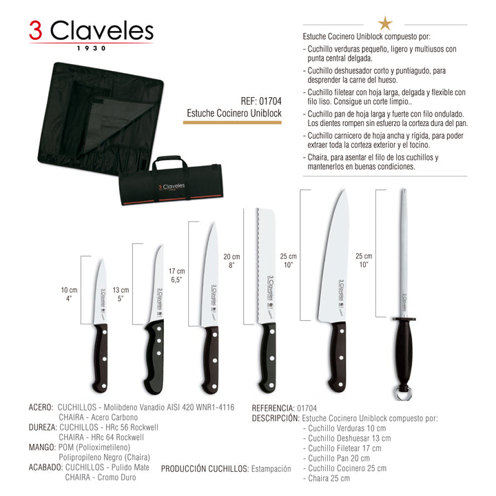 3 Claveles Uniblock - Estuche Profesional Cocinero con 5 Cuchillos y Chaira Incluidos