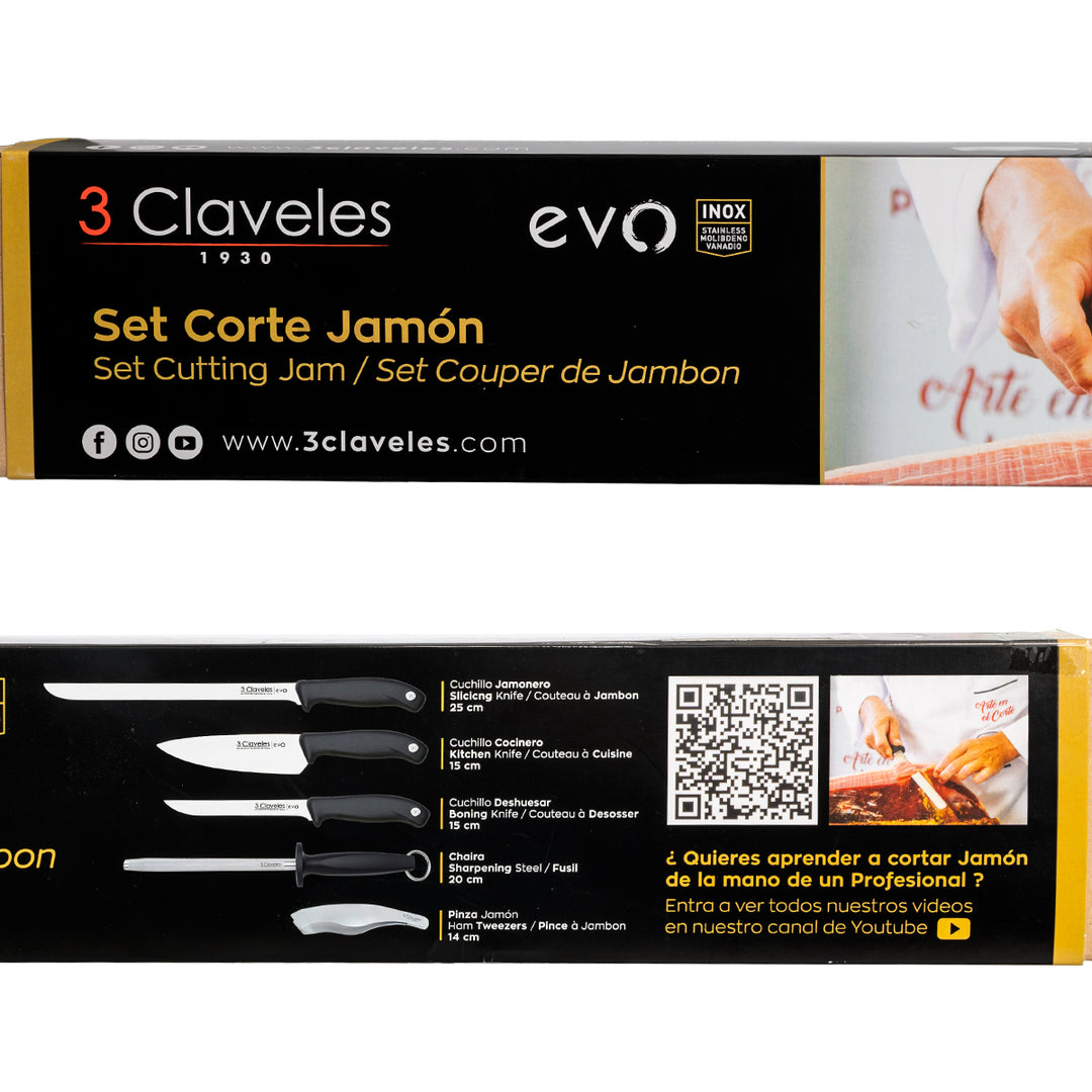 3 Claveles EVO - Kit Profesional de Cuchillo Jamonero Deshuesadores Chaira y Pinzas