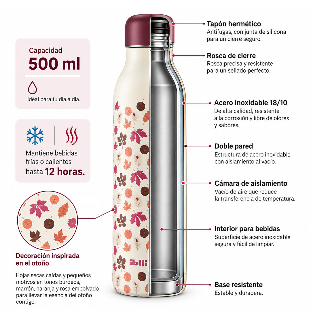 IBILI Smart - Botella Térmica de 0.5L en Acero Inoxidable de Doble Pared. Udazken Otoño