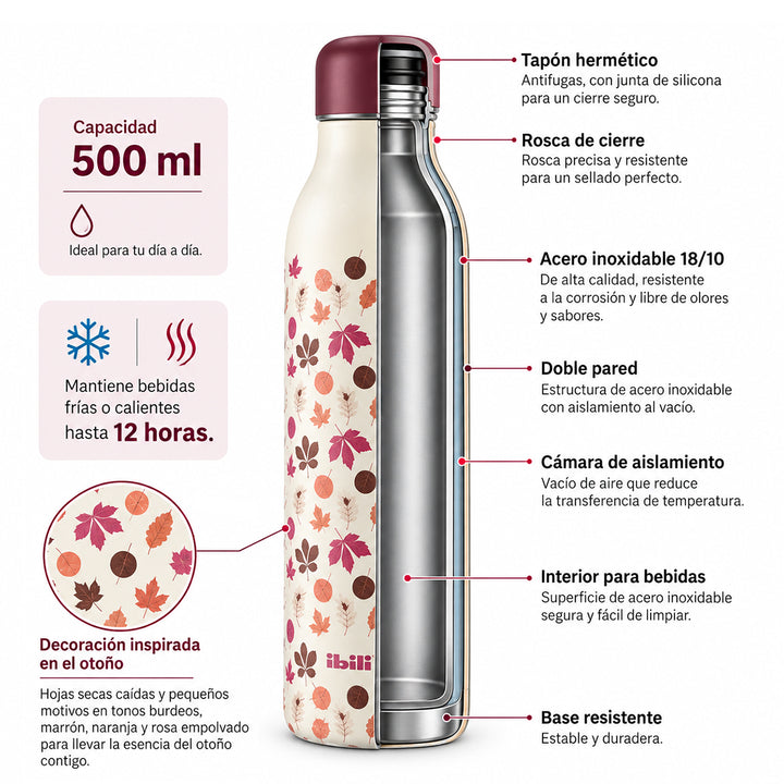 IBILI Smart - Botella Térmica de 0.5L en Acero Inoxidable de Doble Pared. Udazken Otoño