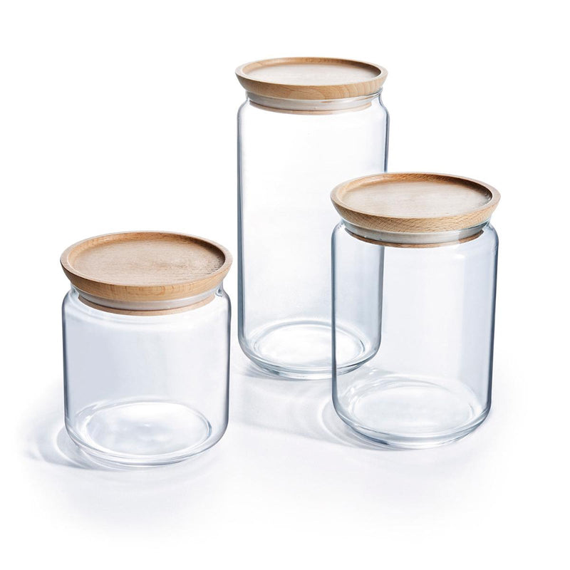 Luminarc Pure Jar - Juego de 2 Botes Redondos de 1L en Vidrio con Tapa de Madera