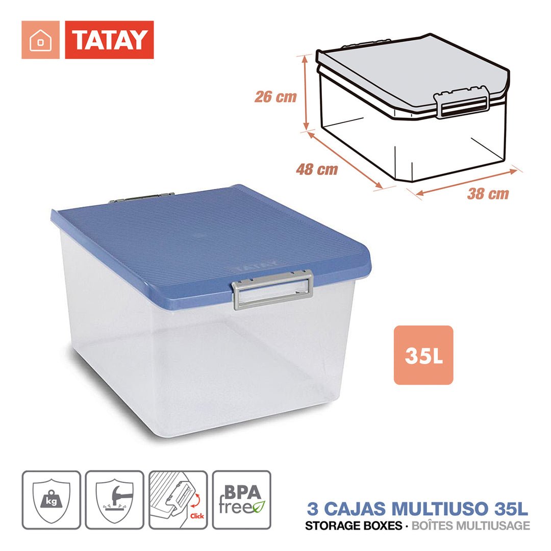 TATAY - Caja de Ordenación Multiusos de 35L con Cierre Hermético y Asas de ABS. Azul Paloma