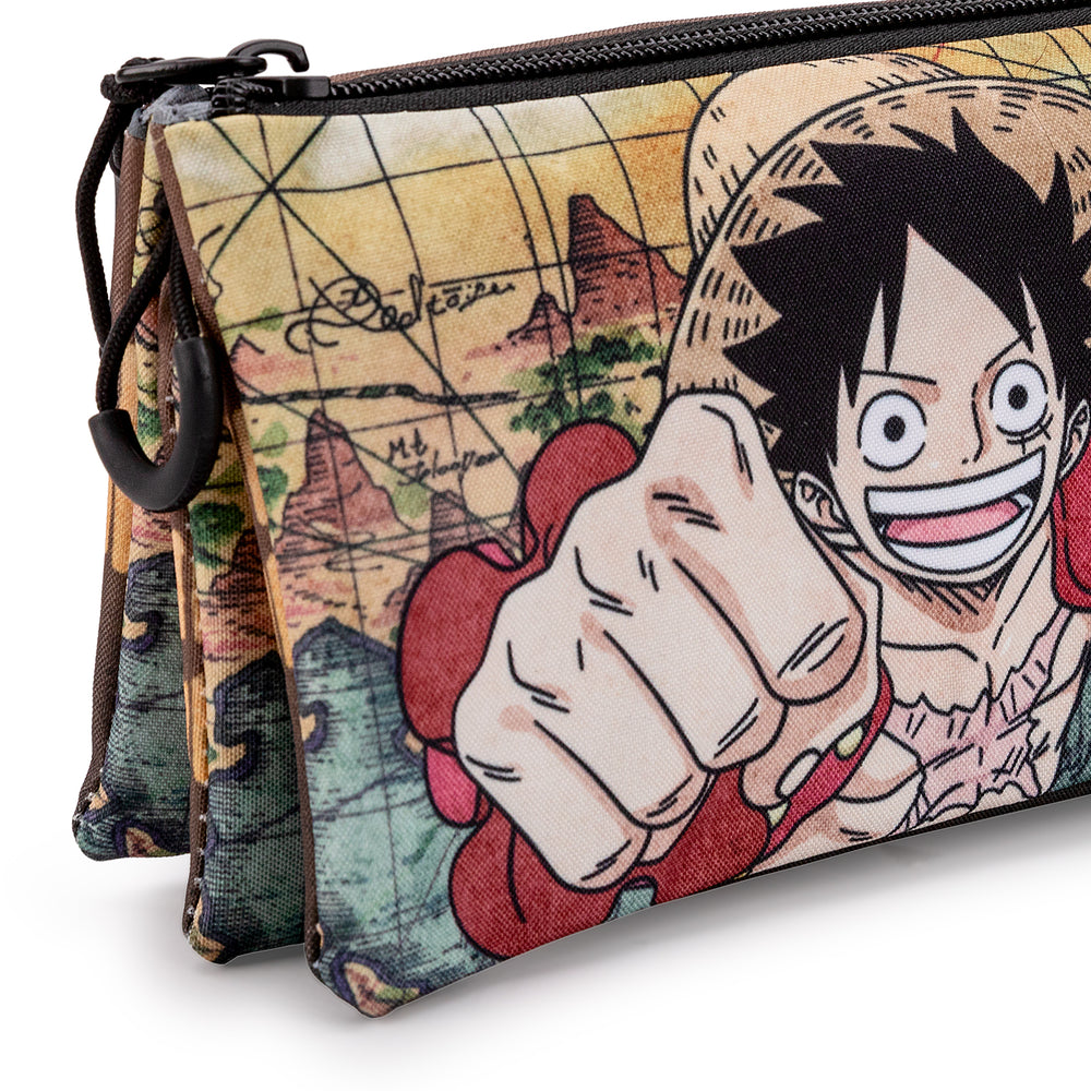 ONE PIECE Map - Estuche Escolar Triple Portatodo con 2 Cremalleras. Marrón