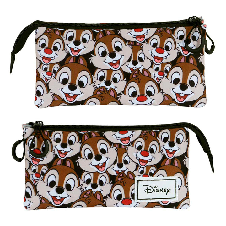 DISNEY Chip y Chop - Estuche Escolar Triple Portatodo con 2 Cremalleras. Marrón