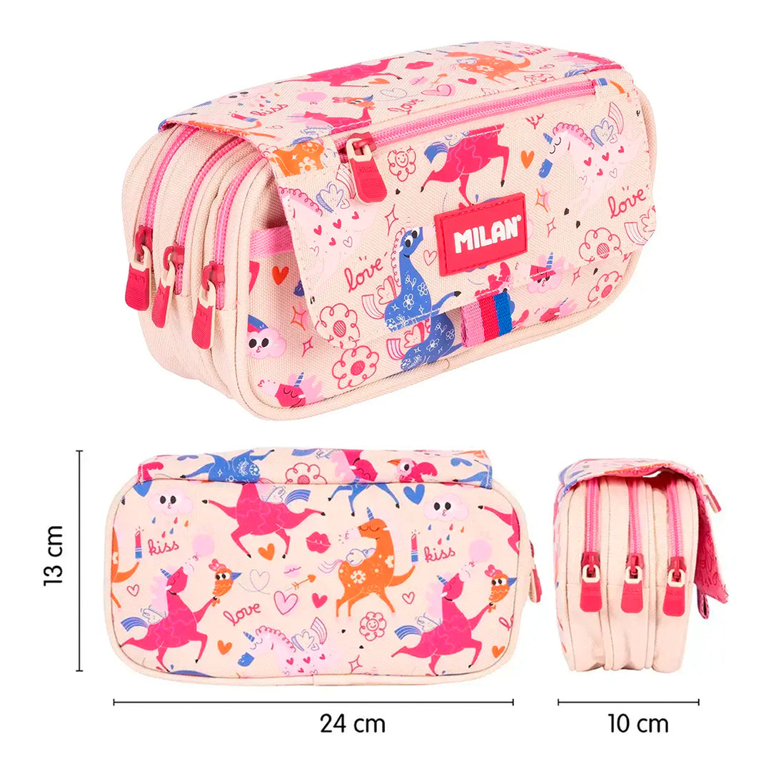 ColePack PRO Milan - Estuche Triple de 3 Cremalleras y Material Escolar Incluido. Flowicorn