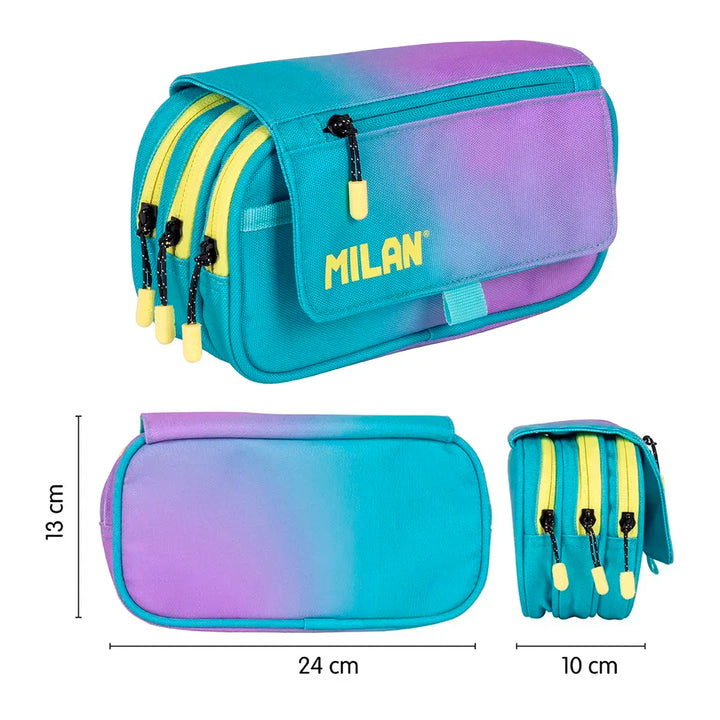 Milan Sunset Turquesa - Estuche Portatodo Triple con Cuatro Cremalleras para Material Escolar