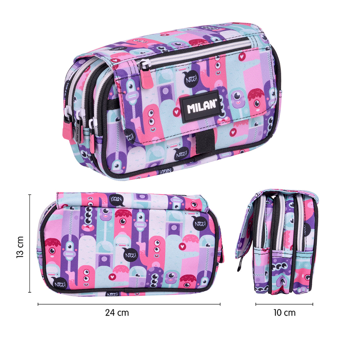 ColePack ECO Milan - Estuche Triple de 3 Cremalleras y Material Escolar Incluido. Aliens