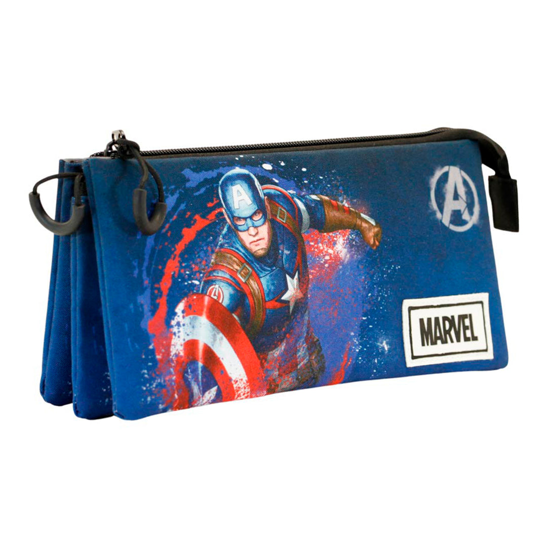 MARVEL Capitán América - Estuche Escolar Triple Portatodo con 2 Cremalleras. Azul