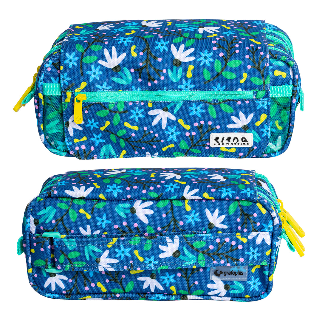 Grafoplás Design - Estuche Portatodo Triple con Solapa para Material Escolar. Blue garden