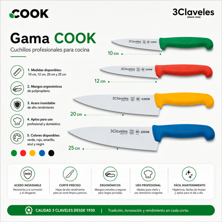 3 Claveles COOK - Cuchillo Cocinero Profesional.  Mango Ergonómico NSF