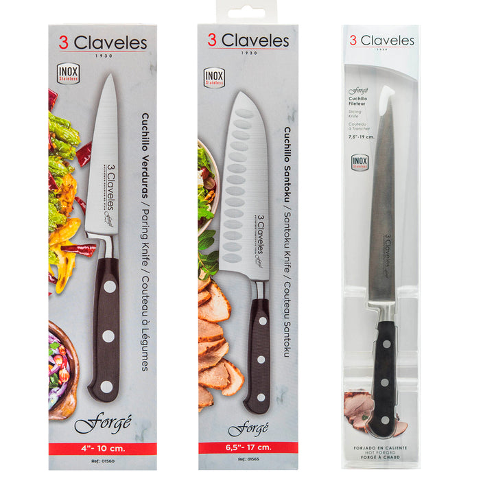 3 Claveles Forgé - Juego de 3 Cuchillos Profesionales Santoku Acero Inoxidable Forjado