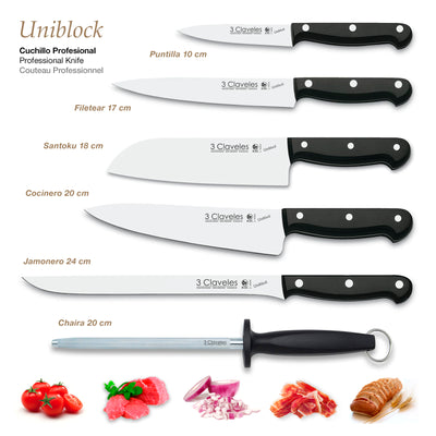 3 Claveles Uniblock - Juego 5 Cuchillos Profesionales Acero Inoxidable y Chaira de 20 cm 