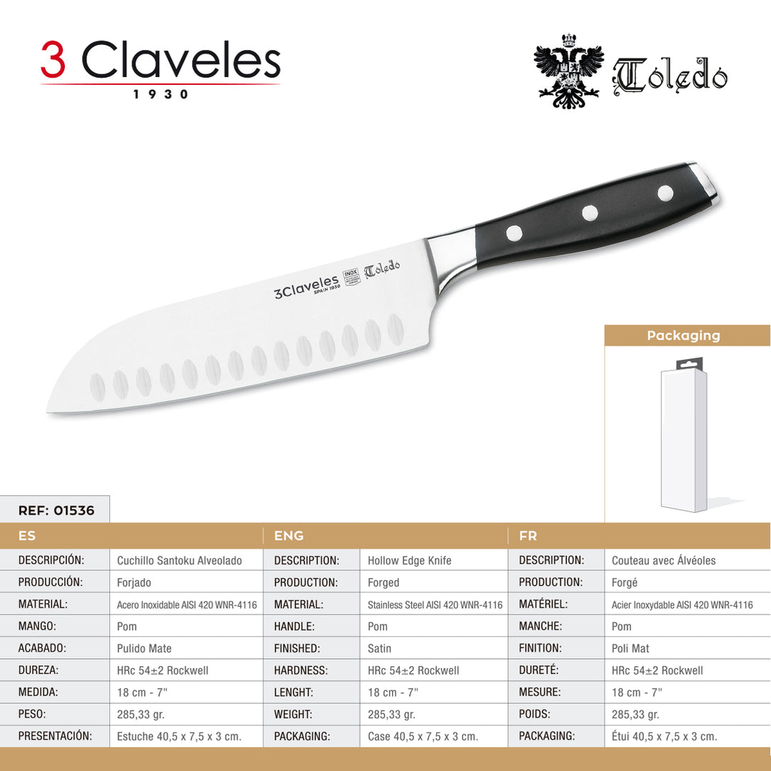 3 Claveles Toledo - Juego de 5 Cuchillos Profesionales Forjados y Soporte Pared Bambú