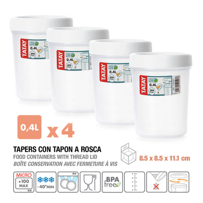 TATAY Twist - Set de 4 Recipientes Redondos 0.4L con Cierre Hermético a Rosca. Blanco
