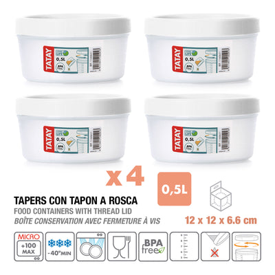 TATAY Twist - Set de 4 Recipientes Redondos 0.5L con Cierre Hermético a Rosca. Blanco