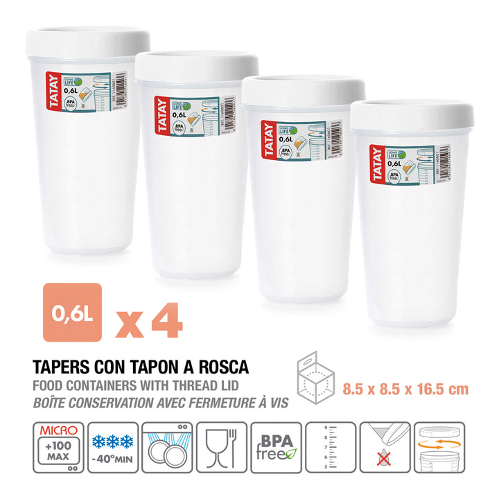 TATAY Twist - Set de 4 Recipientes Redondos 0.6L con Cierre Hermético a Rosca. Blanco