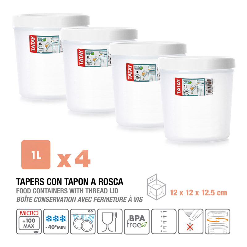 TATAY Twist - Set de 4 Recipientes Redondos 1L con Cierre Hermético a Rosca. Blanco