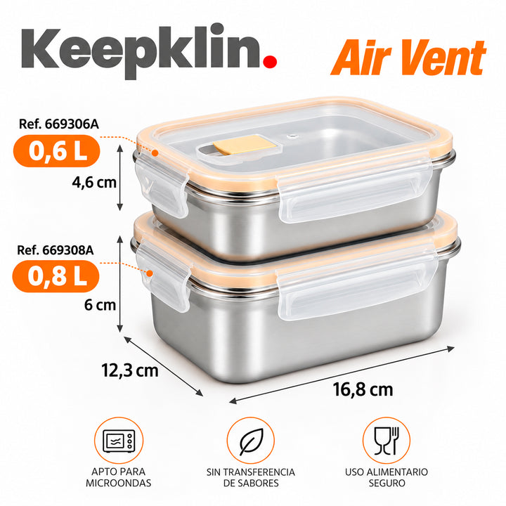 IBILI Keepklin Air Vent - Lote de Recipientes Rectangulares en Acero Inoxidable Aptos Microondas