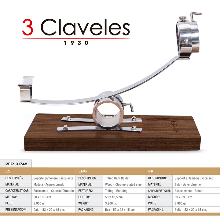 3 Claveles - Kit Soporte Jamonero Basculante en Acero y Madera con Cuchillos y Chaira