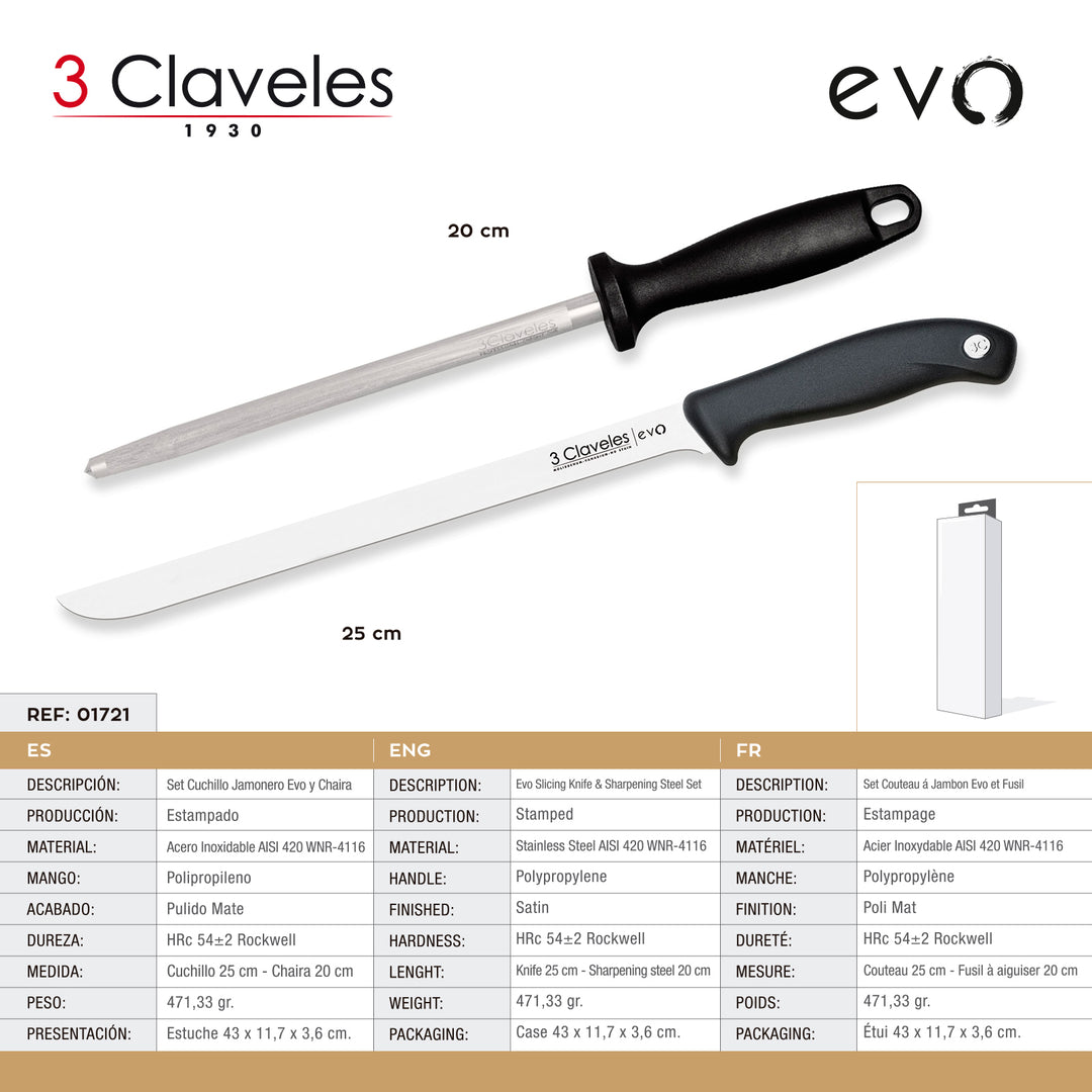 3 Claveles EVO - Kit Profesional de Cuchillo Jamonero Deshuesadores Chaira y Pinzas