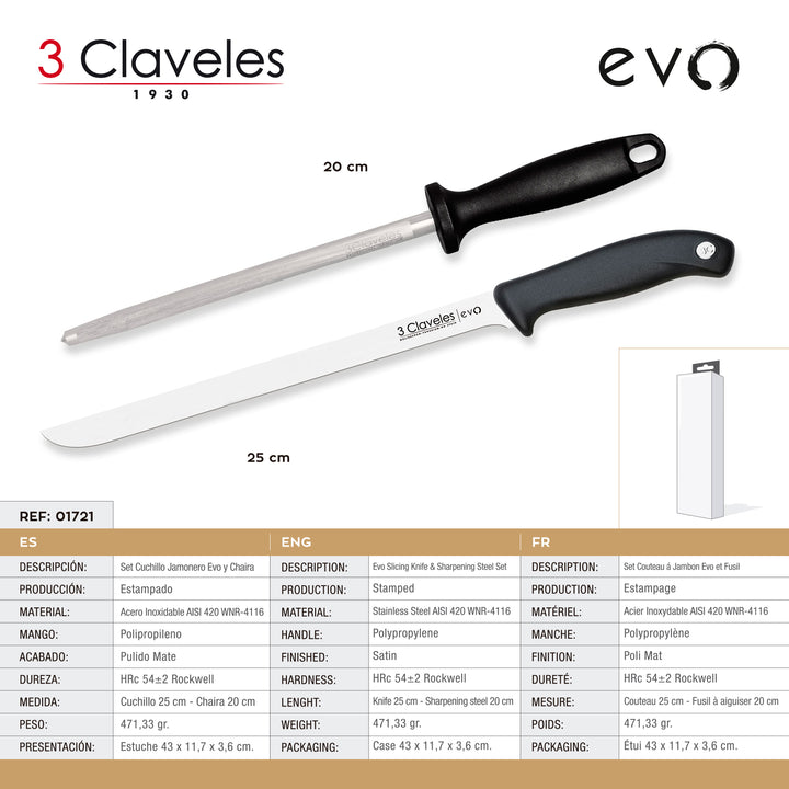 3 Claveles EVO - Kit Profesional de Cuchillo Jamonero Deshuesadores Chaira y Pinzas