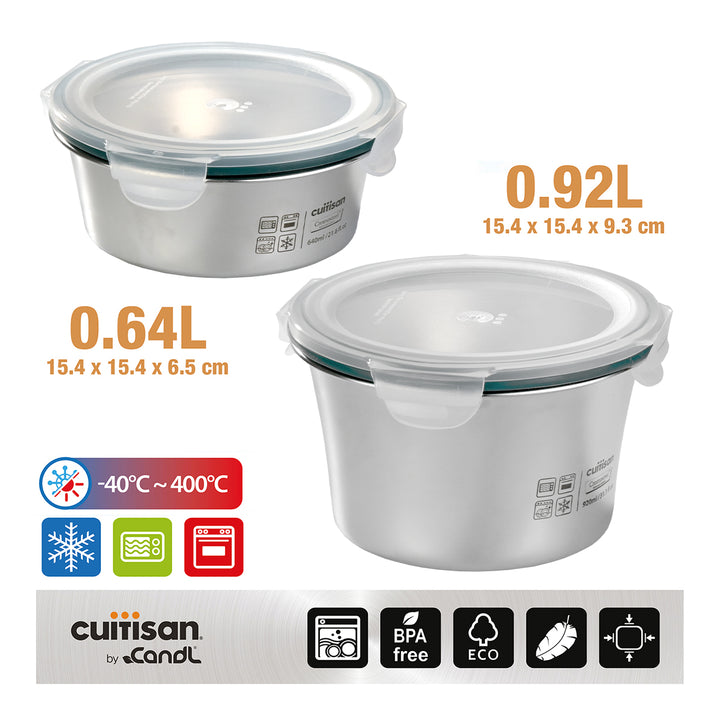 Cuitisan Simple - Lote de 4 Recipientes Redondos de 0.3L, 0.4L, 0.6L y 0.9L en Acero Apto Microondas