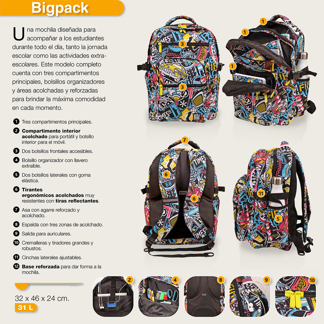 Grafoplás - Mochila Escolar BigPack Reforzada de 3 Compartimentos y Divisor para Portátil