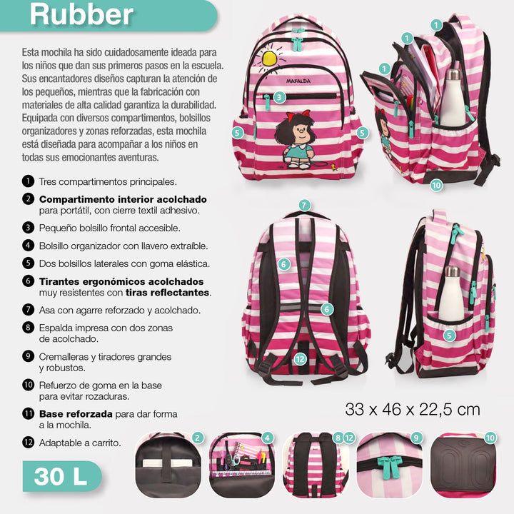 Grafoplás - Mochila Escolar 3 Cremalleras con Divisor para Portátil. Adaptable Carrito. Mafalda Morning