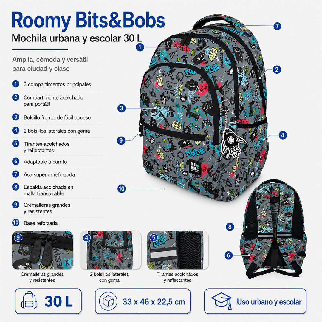 Grafoplás - Mochila Escolar 3 Cremalleras con Divisor Portátil y Adaptable Carrito. Awesome