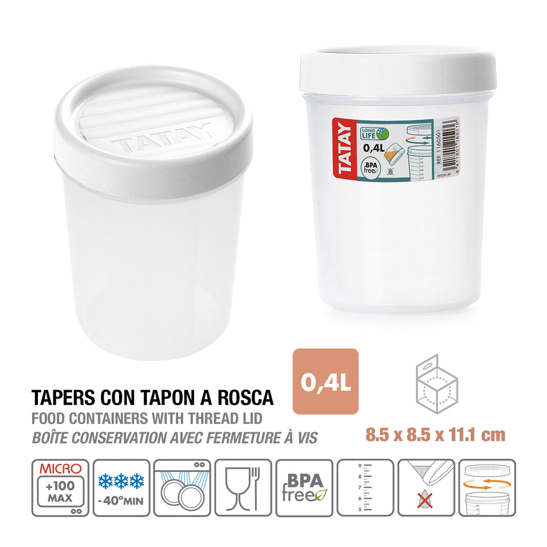 TATAY Twist - Recipiente Redondo de 0.4L con Cierre Hermético a Rosca. Blanco