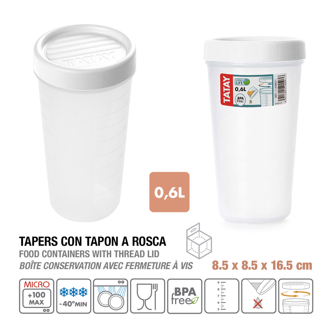 TATAY Twist - Recipiente Redondo de 0.6L con Cierre Hermético a Rosca. Blanco