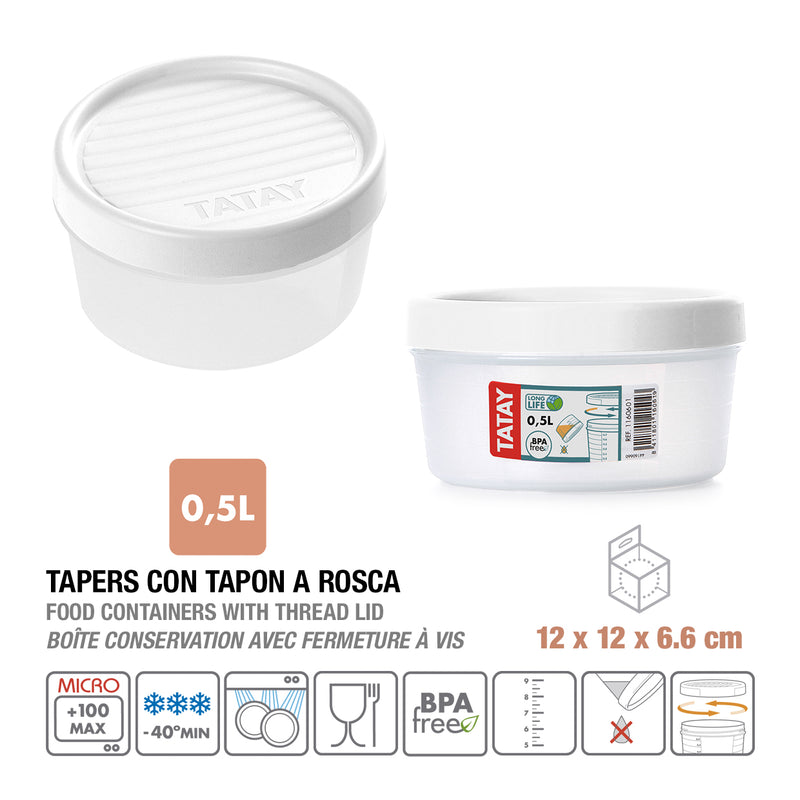 TATAY Twist - Recipiente Redondo de 0.5L con Cierre Hermético a Rosca. Blanco