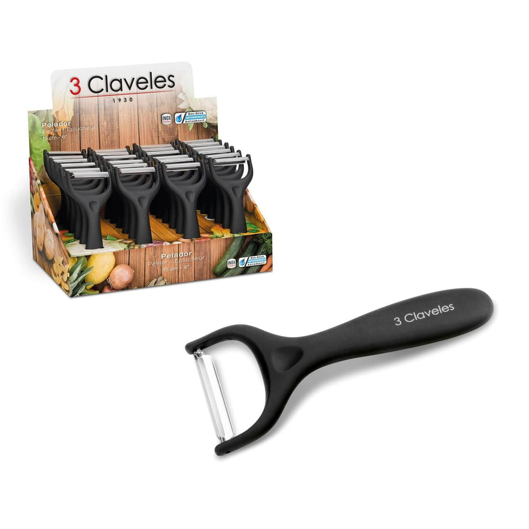 3 Claveles - Pelador de Patatas en Forma Y 15 cm en Acero Inoxidable Mango Soft. Negro