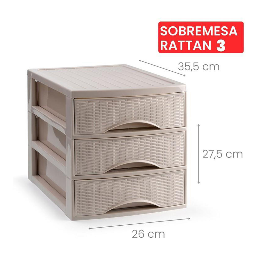 Plastic Forte Rattan - Cajonera de Sobremesa 3 Cajones en Plástico. Marrón