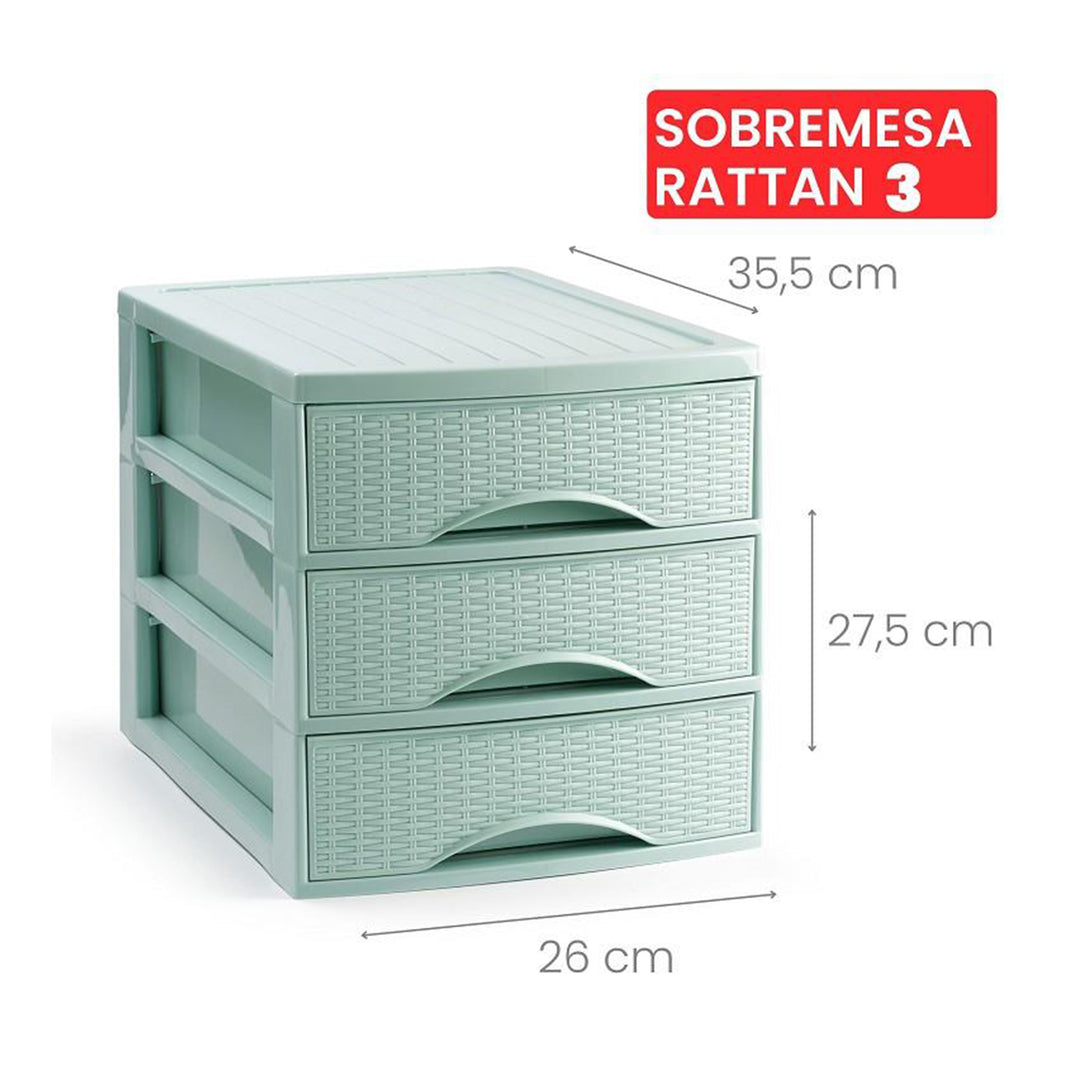 Plastic Forte Rattan - Cajonera de Sobremesa 3 Cajones en Plástico. Verde