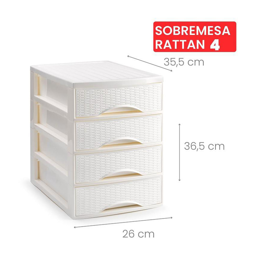 Plastic Forte Rattan - Cajonera de Sobremesa 4 Cajones en Plástico. Hueso