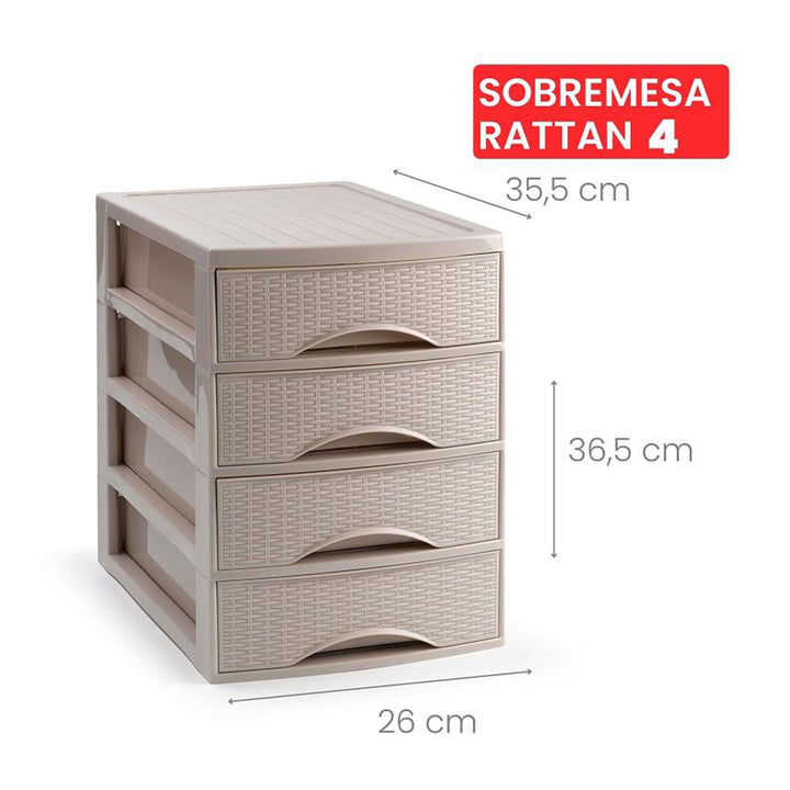 Plastic Forte Rattan - Cajonera de Sobremesa 4 Cajones en Plástico. Marrón