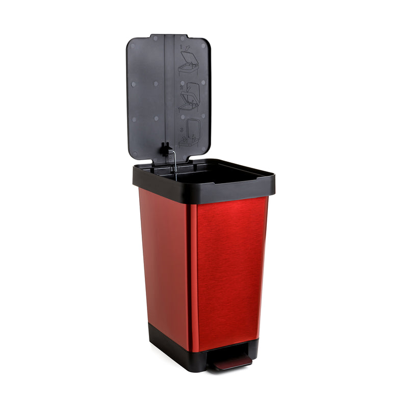 TATAY Smart - Cubo de basura 25L con Doble Apertura, Pedal Retráctil y Manual. Steel Rojo