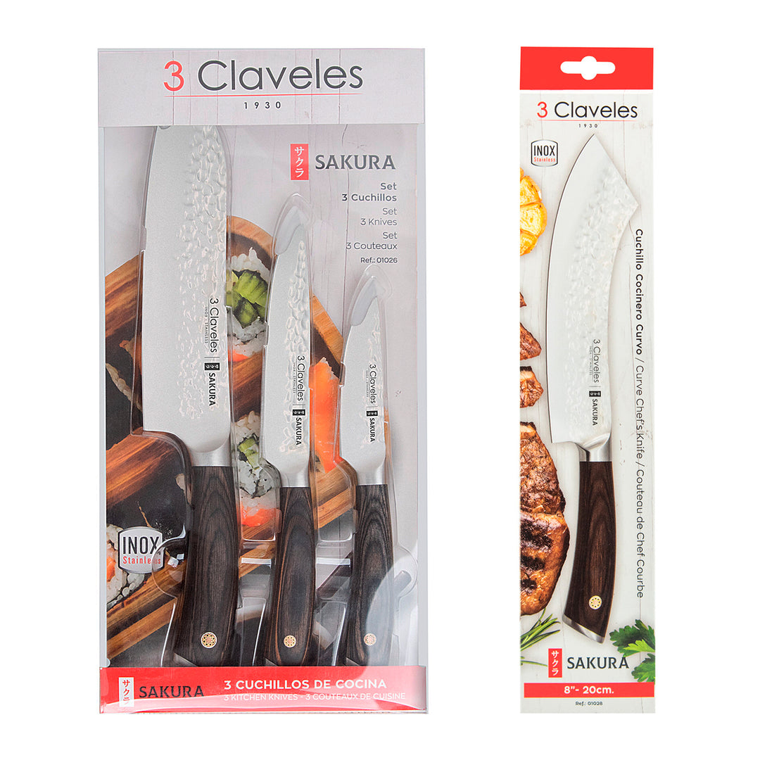 3 Claveles Sakura - Juego Master de 4 Cuchillos Acero Forjado con Hoja Martilleada