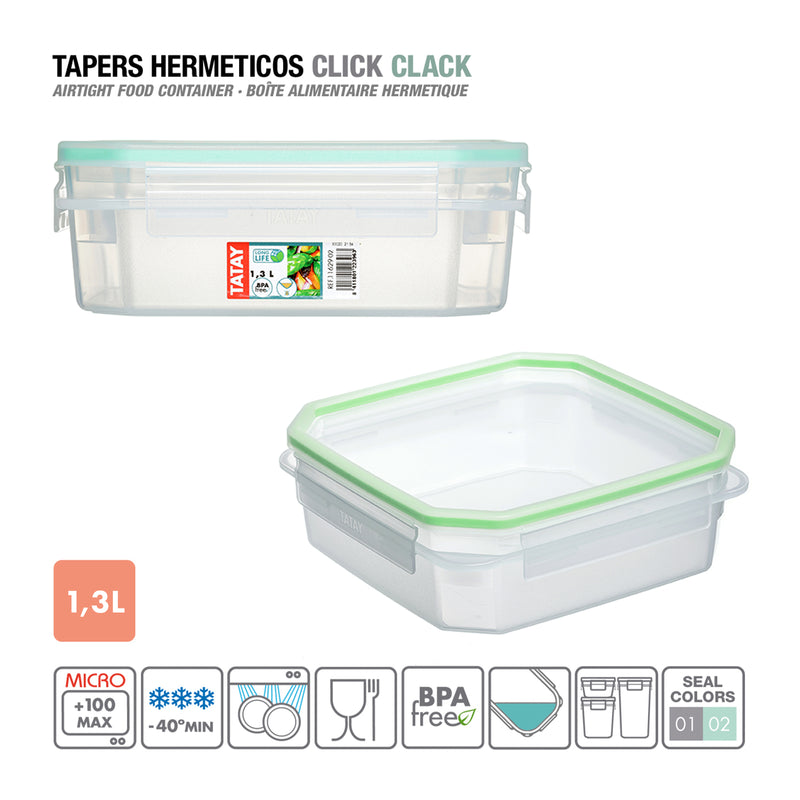 TATAY Clip Safe - Recipiente Hermético Cuadrado 1.3L con Cierre de Pestañas. Verde