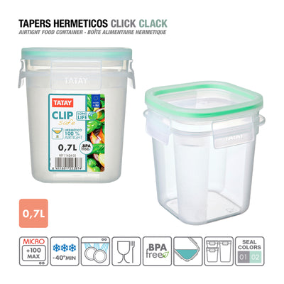TATAY Clip Safe - Recipiente Hermético Cuadrado 0.7L con Cierre de Pestañas. Verde