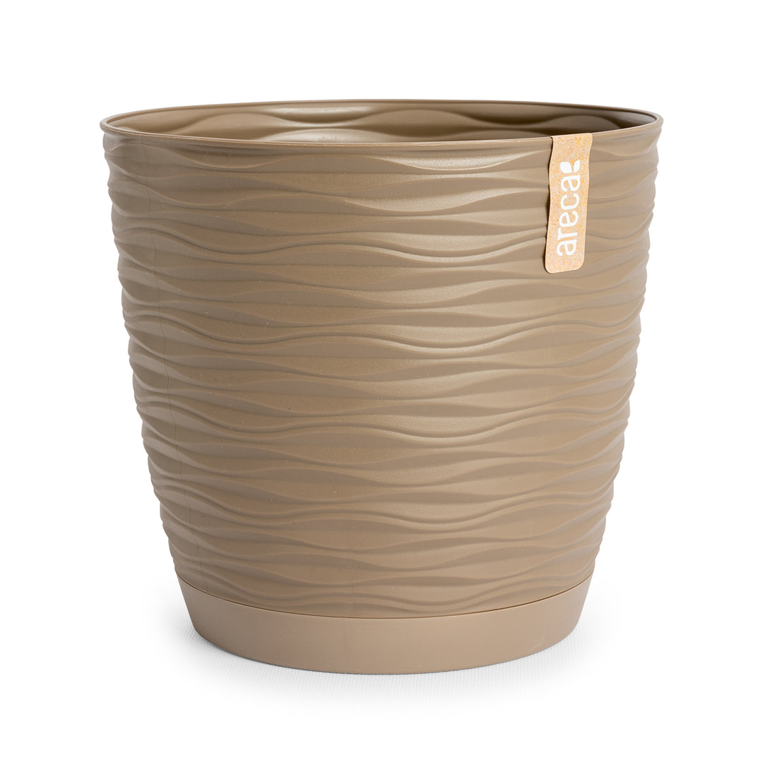 Areca Wind - Set de 4 Macetas Decorativas Redondas 27 cm con Platos Integrados. Taupe