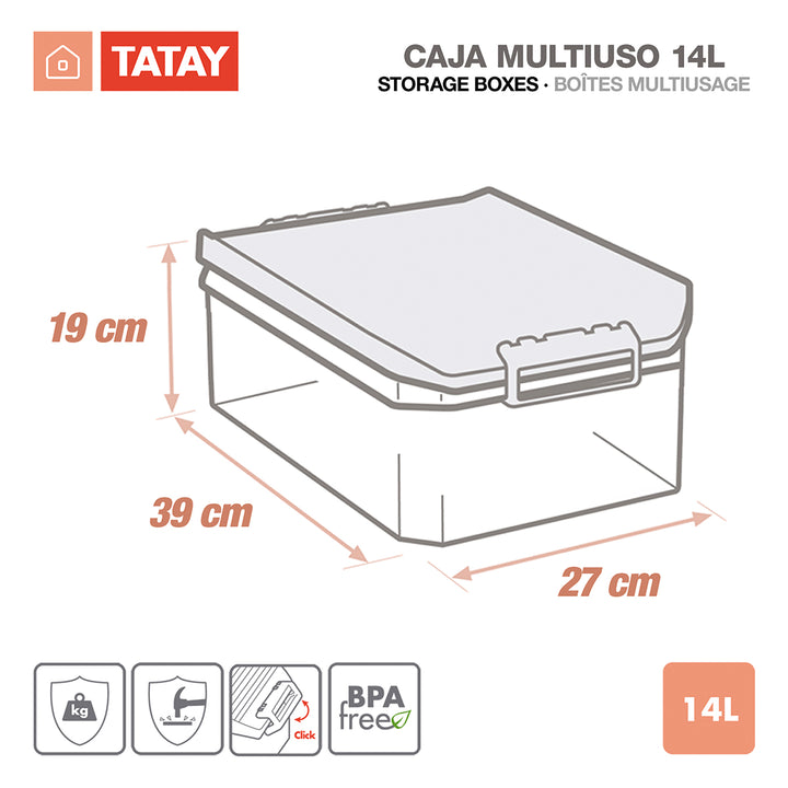 TATAY - Caja de Ordenación Multiusos de 14L con Cierre Hermético y Asas de ABS. Azul