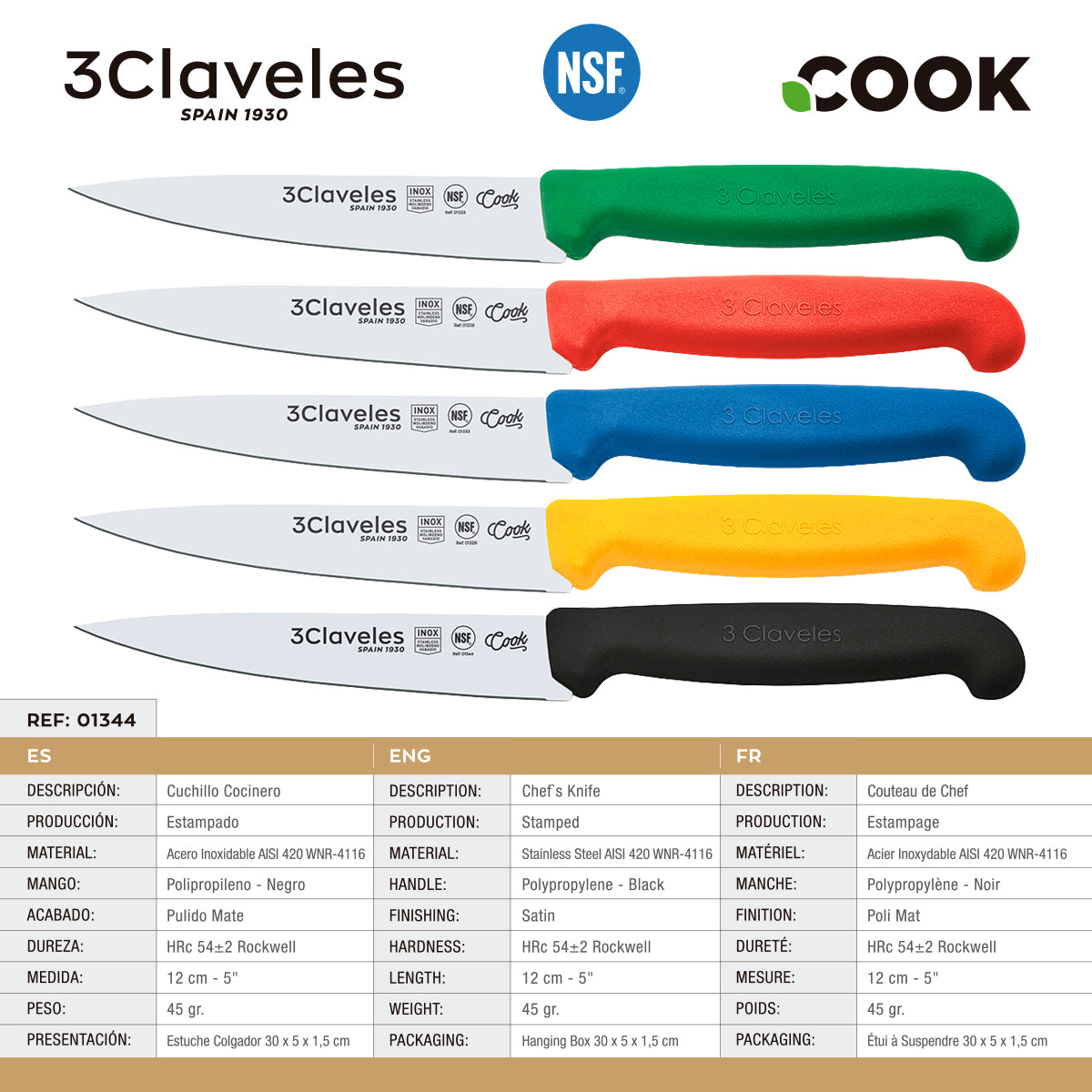 3 Claveles COOK - Cuchillo Cocinero Profesional de 12 cm. Mango Ergonómico NSF