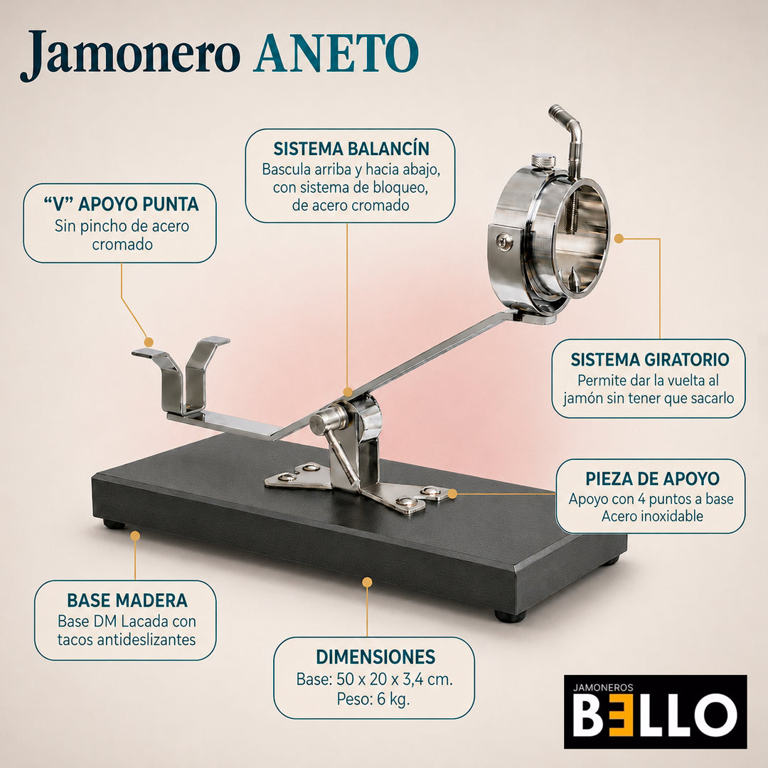 BELLO Aneto - Soporte Jamonero Basculante DM Acero Inoxidable Cabezal Giratorio